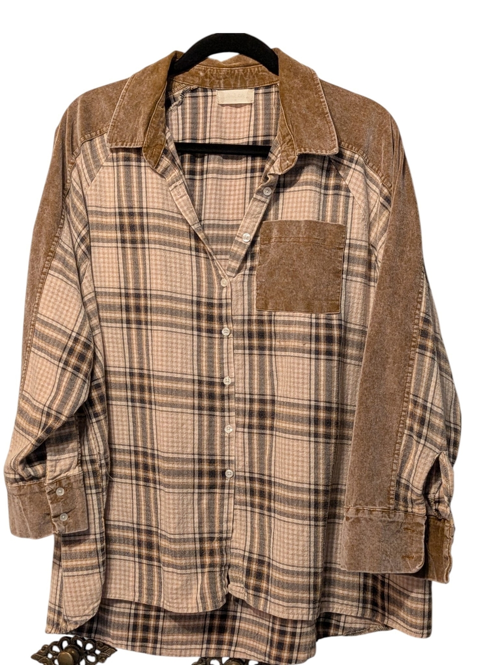 Altar'd State Brown Plaid Cabincor Button-Up with Suede-Look Panels | Medium